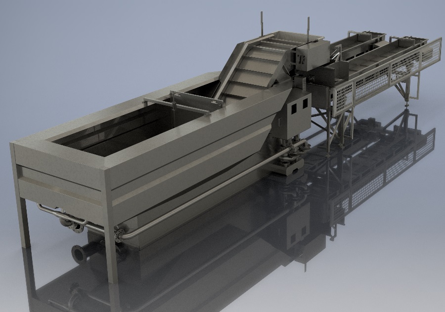 To buffer the fish and elevate it to another level Afak offers her hopper elevator. Pictured above is a render of our hopper elevator coupled to our continuous weighing transport as delivered for the navigator.